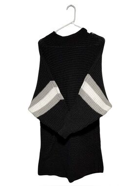 Black Knit Women's Sweater with Gray and White Sleeve Stripes